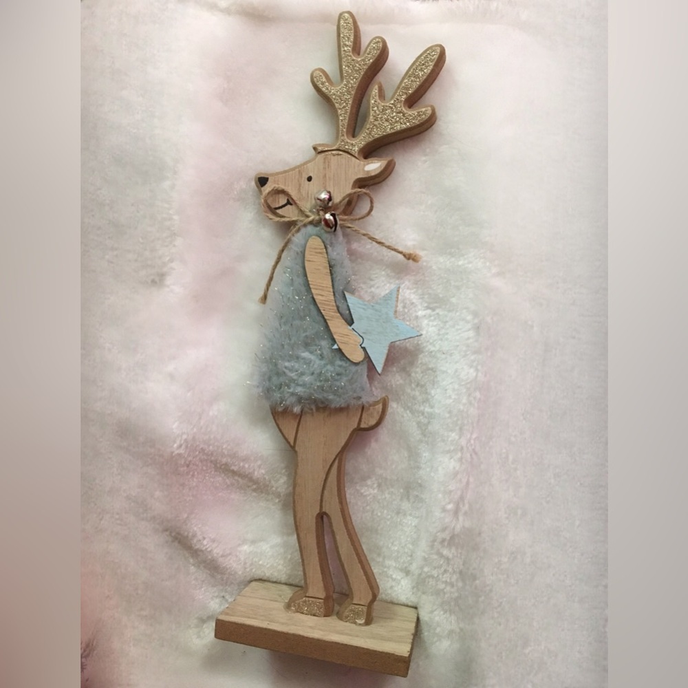 Wooden Reindeer Figurine with Blue Star